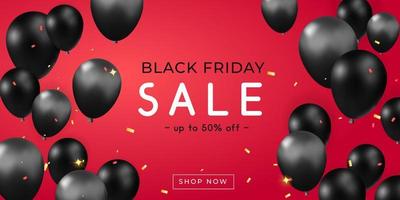 3d vector red background realistic banner for Black Friday Sale with glossy black render balloon template and confetti design