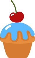 Cupcake with blue icing and cherry on top, illustration, vector on a white background