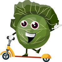 Cabbage is riding a yellow scooter, illustration, vector on white background.