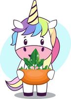 Unicornio con planta, ilustración, vector sobre fondo blanco.