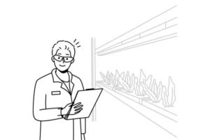 Smiling male scientist in uniform growing plants in laboratory. Happy man researcher make experiments in lab or greenhouse. Vector illustration.