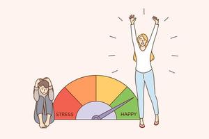 Stress and exhaustion overload concept. Stress levels reduced through concept of problem solving female character enjoying life and feeling totally tired vector illustration