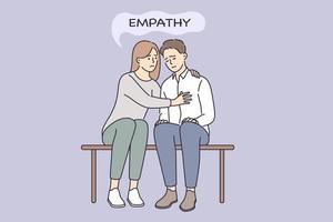 Empathy and Compassion, understanding concept. Young woman sitting and embracing sad depressed man feeling empathy feeling bad together vector illustration