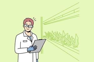 Smiling male scientist in uniform growing plants in laboratory. Happy man researcher make experiments in lab or greenhouse. Vector illustration.