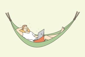 Distant work freelance and rest concept. Young smiling man cartoon character relaxing in hammock having rest watching movie or having freelance distant remote work vector illustration