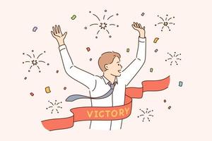 Business success, leadership, winner reaching goal concept. Young smiling businessman cartoon character running reaching goal celebrating victory at finishing line as first winner feeling happy vector