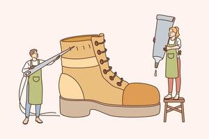 Shoemaker and designing footwear concept. Male and female characters standing mending shoe for handmade shoes, retro manufacturing for customers vector illustration