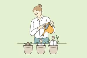Human resources and career concept. Young woman recruiter cartoon character standing watering pots with growing business man inside vector illustration