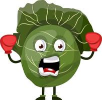 Yelling cabbage with boxing gloves, illustration, vector on white background.