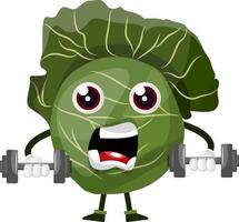 Cabbage is lifting weights, illustration, vector on white background.