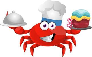 Crab with birthday cake, illustration, vector on white background.