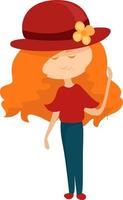Chica de pelo rojo con un sombrero rojo, ilustración, vector sobre fondo blanco.