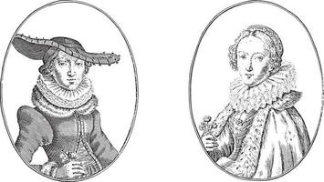 Portraits of the courtesans Maria van Strasbourg and Catrijn van Praag, vintage illustration. vector