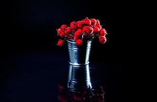 aluminum ice bucket laid in wait for use. stainless multi-colored bucket with red berries in ice photo