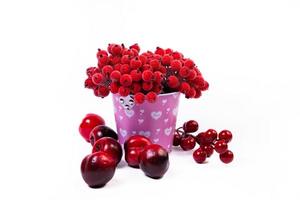 aluminum ice bucket laid in wait for use. stainless multi-colored bucket with red apples with white green blue berries in ice photo