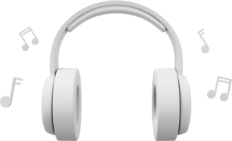 Wireless headphones and flying music notes front view. White PNG icon on a transparent background. 3D rendering.