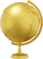 Globe Earth on a stand. Minimalist cartoon. Gold PNG Isolated icon on transparent background. 3D rendering.