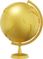 Globe Earth on a stand. Minimalist cartoon. Gold PNG Isolated icon on transparent background. 3D rendering.