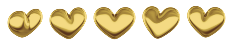 Set of gold stylized hearts. Views from different sides. 3D rendering. Symbol of love, likes, romance. PNG icon on transparent background.