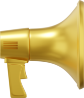 Megaphone realistic gold side view. PNG icon on a transparent background. 3D rendering.