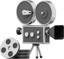 Vintage black cartoon style movie camera. Funny retro video camera. 3D rendering. PNG icon on transparent background