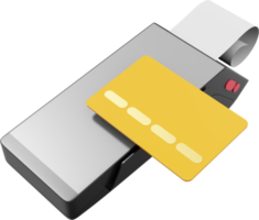 NFC POS Terminal GPRS point with Paper Receipt and a credit card. Mockup screen. Payment Machine. PNG on a transparent background. 3D rendering.