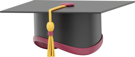 Graduate cap. Mortar board for a student at a university, school, college. 3D rendering. Realistic black PNG icon on transparent background.