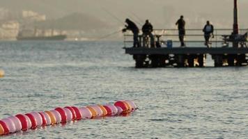grappig kleurrijk ballonnen Aan de zee water en mensen visvangst silhouet video