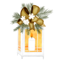 Kerstmis lantaarn met boog, bloem en pijnboom takken png