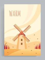 Autumn vector illustrations with a warm, hygge and cozy atmosphere. Vector of a windmill in the middle of a quiet field and pine trees. Suitable for poster, book cover, brochure, magazine, flyer.