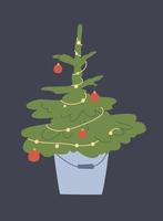 un pequeño árbol de navidad en el balde con decoración, juguetes y luz navideña. diseño plano para navidad vector