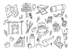 Camping outdoor doodle set. Hand drawn hiking illustration.  Wild adventure equipment. Navigation and camp cartoon simple vector collection.