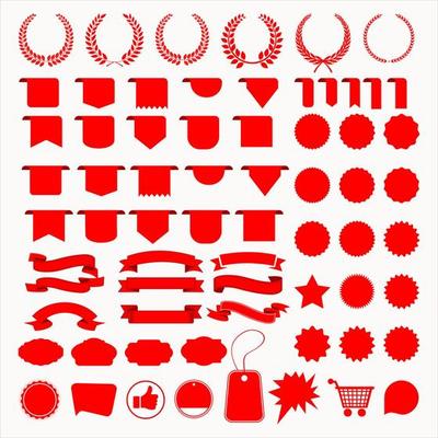 Big collection of red price tags stickers labels and ribbons