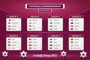 World football championship groups table template on red gradient abstract background vector