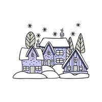 Winter houses in snowdrifts. Happy weekends or holidays in a private home. Perfect for postcard, banner, poster, social media story or print. Vector illustration.