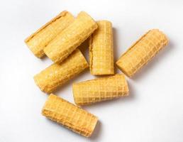 Wafer rolls. Confectionery. Cookies for tea. Variety of waffles. Product with stuffing inside. photo