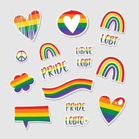 Set of LGBT Pride elements. Human rights and tolerance.  LGBT sticker set on grey background with light shadow. LGBTQ related symbol in rainbow colors.