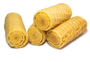 Wafer rolls. Confectionery. Cookies for tea. Variety of waffles. Product with stuffing inside. photo