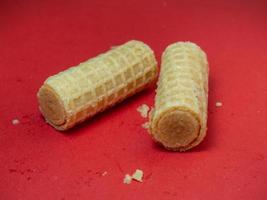 Wafer rolls. Confectionery. Cookies for tea. Variety of waffles. Product with stuffing inside. photo