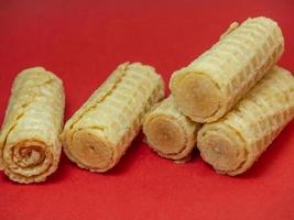 Wafer rolls. Confectionery. Cookies for tea. Variety of waffles. Product with stuffing inside. photo