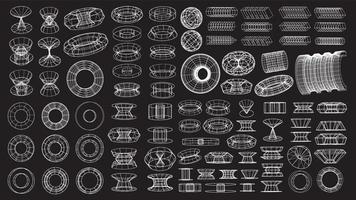 Set of abstract geometric technology elements in cyberpunk style. Retro vintage collection 3d virtual digital design. Texture 80s vr. Futuristic metaverse pattern. Vector isolated template background