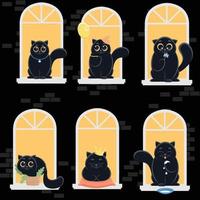 Set of Cat silhouette in the window vector
