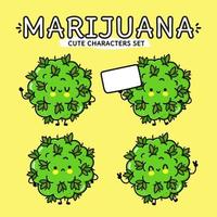 divertido conjunto de paquetes de cogollos de marihuana feliz y sonriente. diseño de icono de ilustración de personaje de dibujos animados plano vectorial. aislado sobre fondo amarillo vector