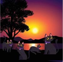 muchos gatos jugando en la ilustración de vector de puesta de sol