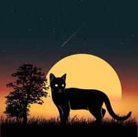 silueta de gato vectorial y fondo de noche de luna llena vector