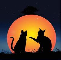 Two Cats On A Meadow Under The Moon vector