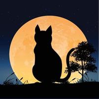 gato de silueta sentado en la noche de luna llena vector