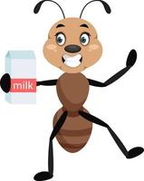 hormiga sosteniendo leche, ilustrador, vector sobre fondo blanco.