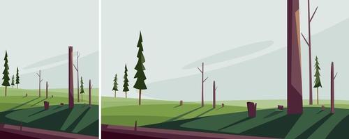 Scenery with felled trees. Dead nature landscape in different formats. vector