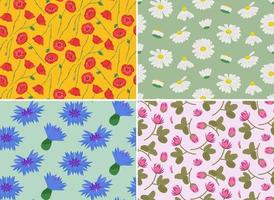 Seamless patterns with different wildflowers. Nature textures in cartoon style. vector